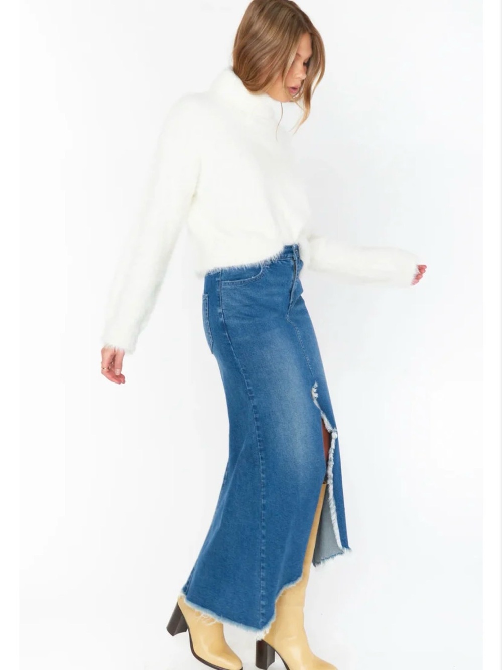 NWT Show Me Your Mumu Reba Denim Skirt with Frayed Center Slit Sz28